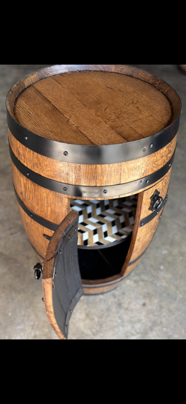 Whiskey barrel cabinet with swing-open door revealing patterned interior