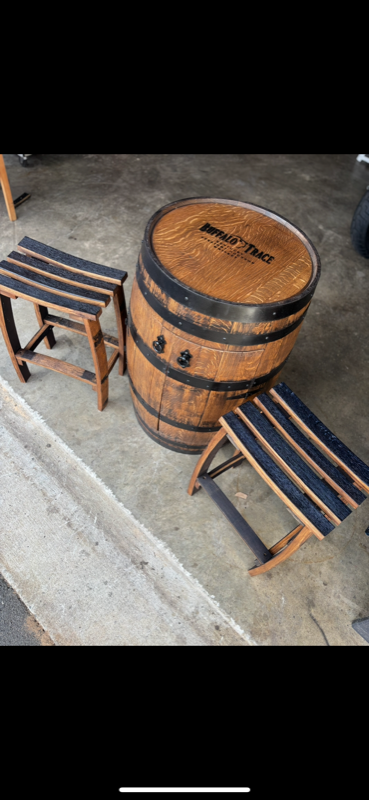 Buffalo Trace branded barrel table with matching handcrafted barrel-stave stools
